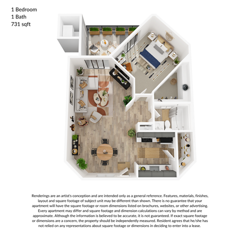 Floor plan for 1 bed, 1 bath, 731 sqft